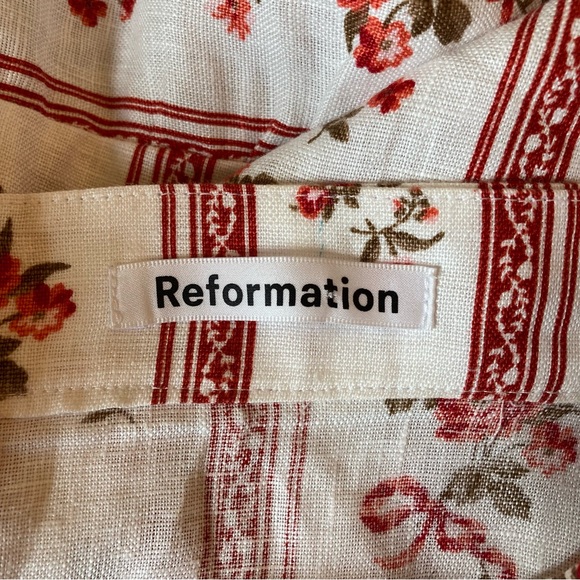 REFORMATION White Red Floral Stripe Linen Midi Ruffle Hem Skirt NWOT - Picture 5 of 11